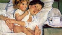 A painting of a woman in bed with a child.