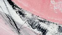Close-up of an abstract painting in pink, black, and white.